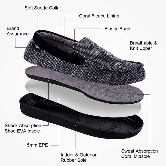 Merrimac Men's Cotton Knit Moccasin Slippers Coral Fleece Lined With Removable I - Picture 4 of 5